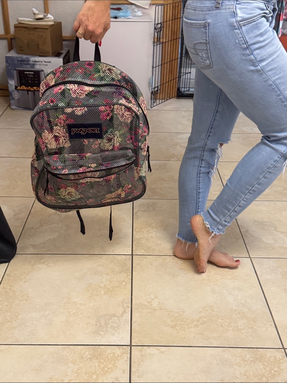JanSport Gray Mesh Floral Backpack with Pink & Green Accents - Picture 5 of 9